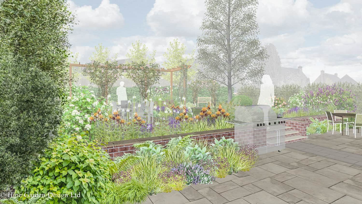 Garden Design render with people and pergola and wall