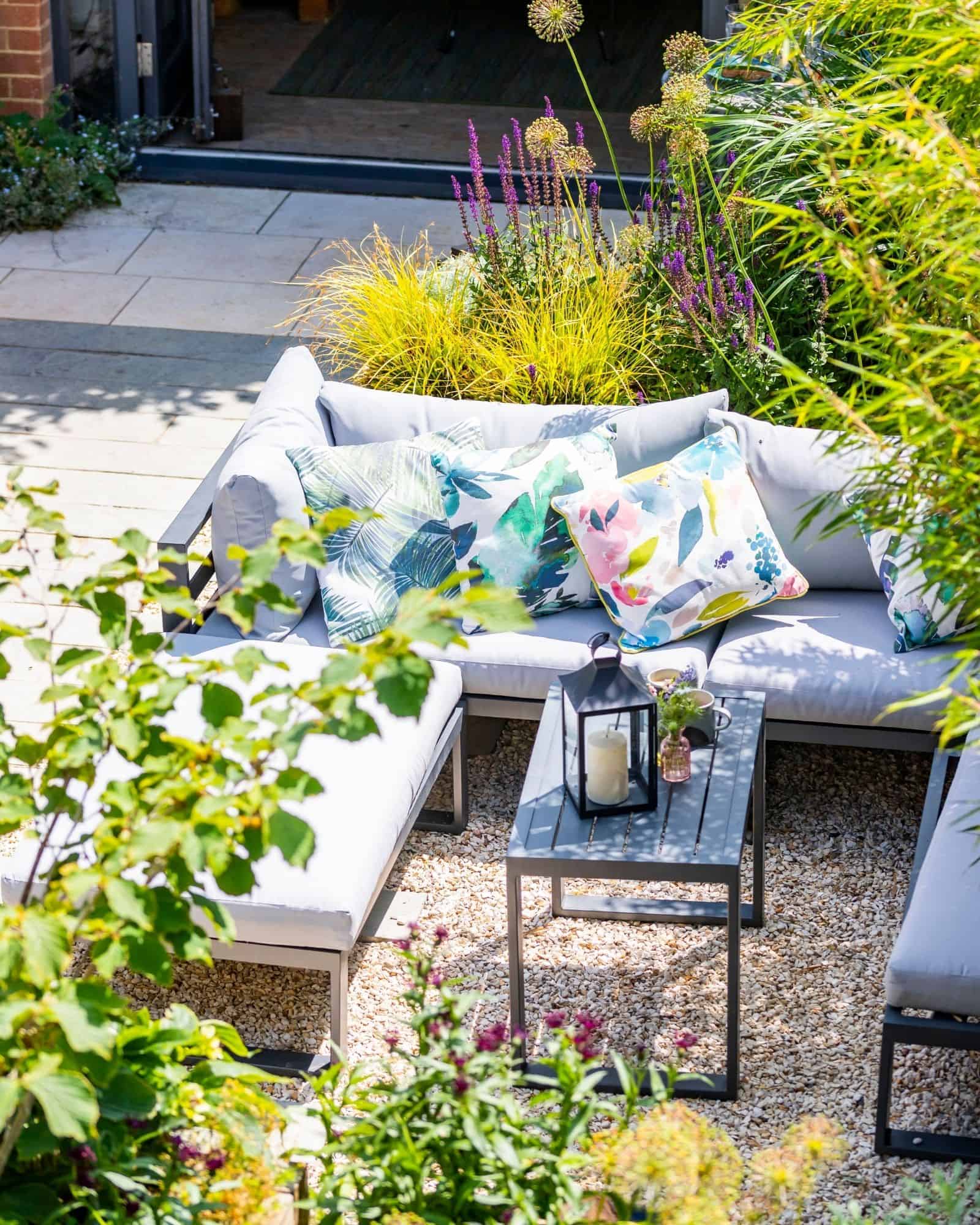 garden spaces created using raised bends and landscaping materials