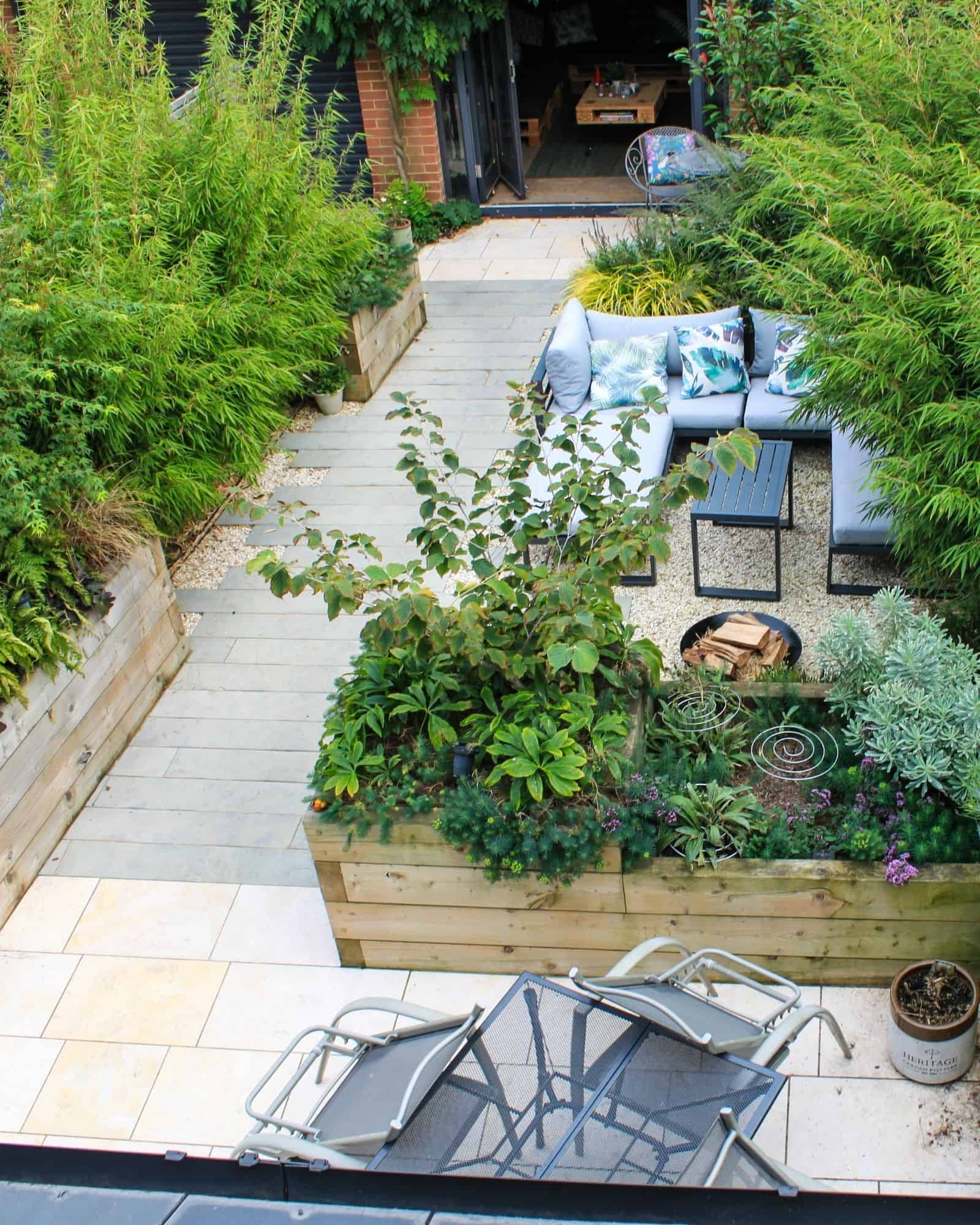 garden spaces created using raised bends and landscaping materials
